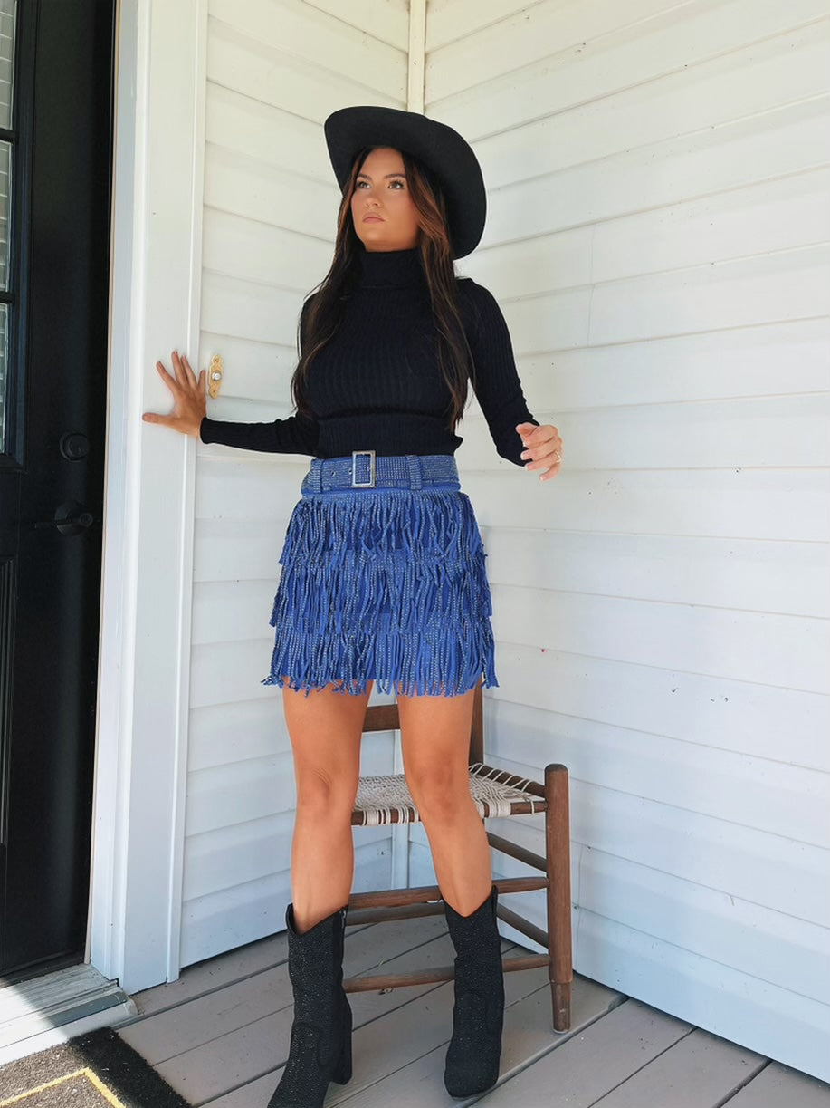 Nashville Babe Rhinestone Fringe Mini Skirt- Royal Blue