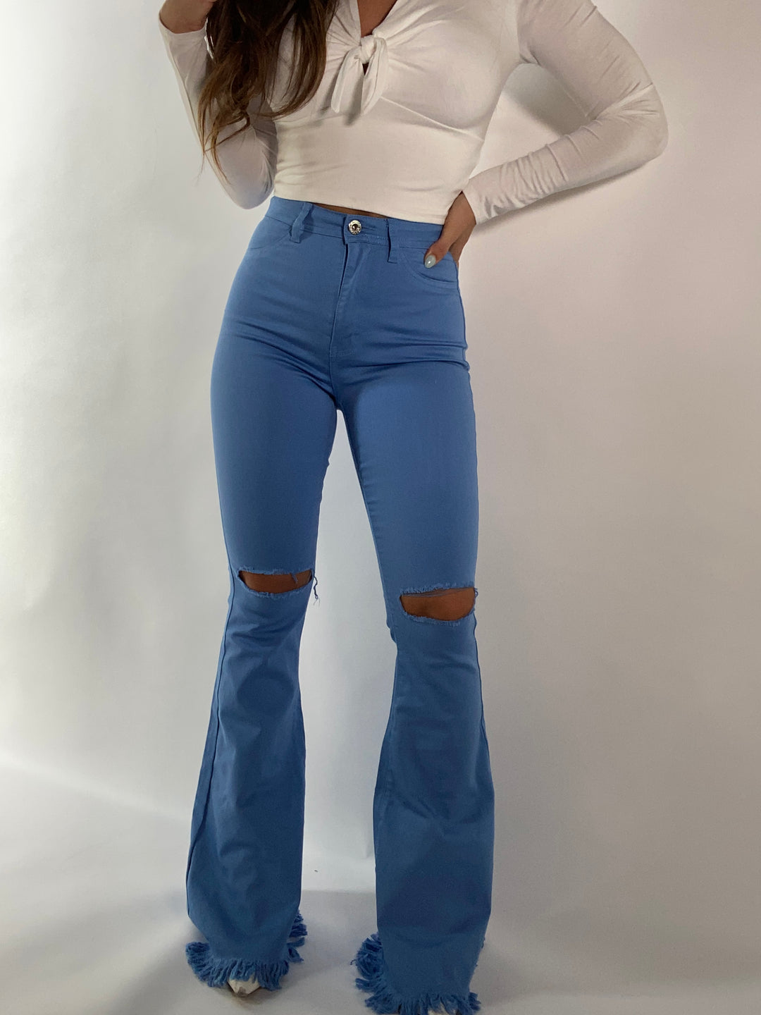 Farrah Distressed High Waisted Flares- Baby Blue