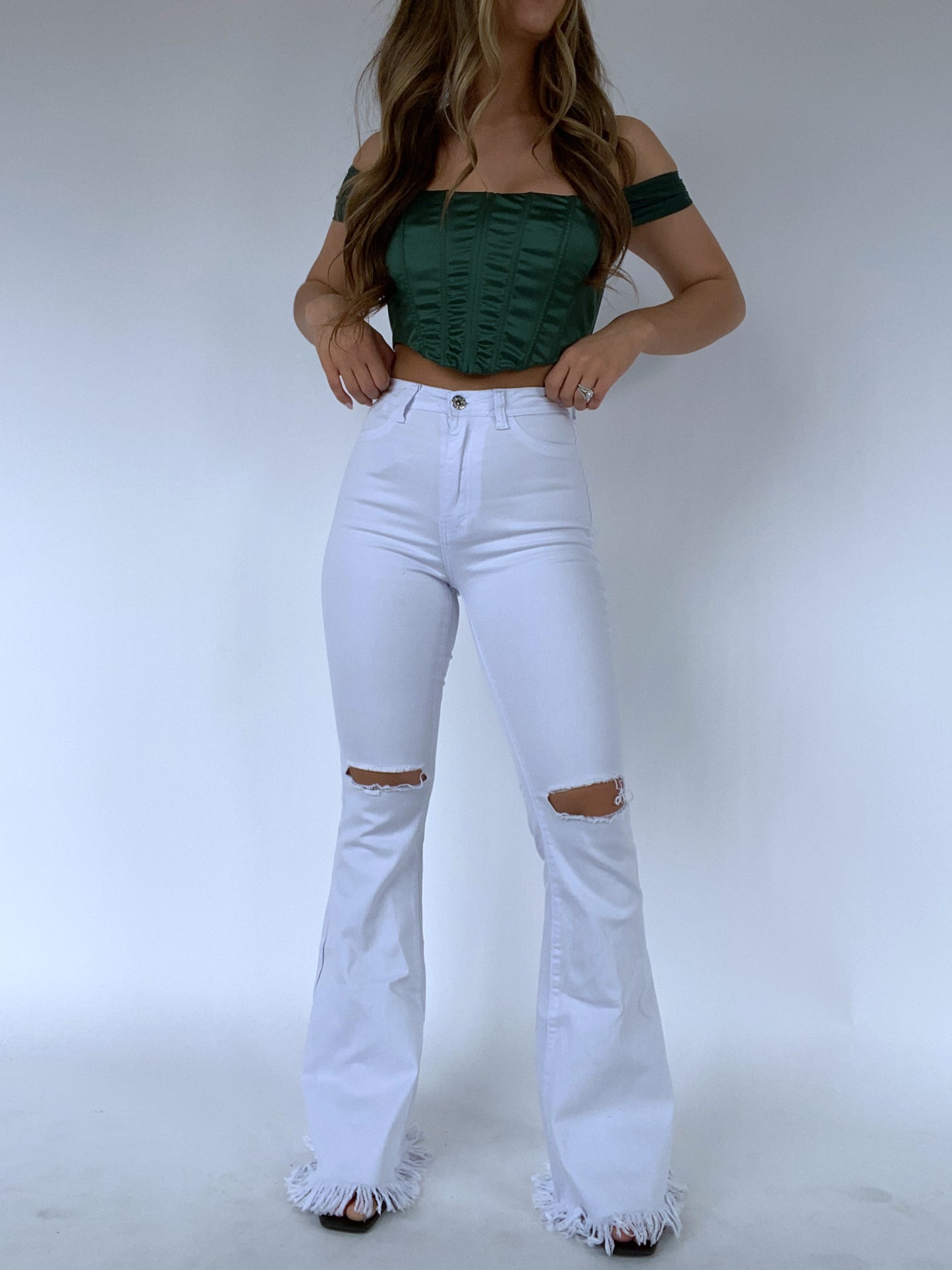 Farrah Distressed High Waisted Flares- White
