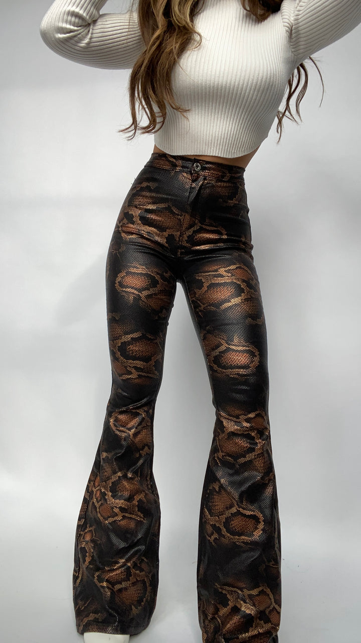 Fiona High Waisted Bell Bottom Flare Jeans - Snakeprint