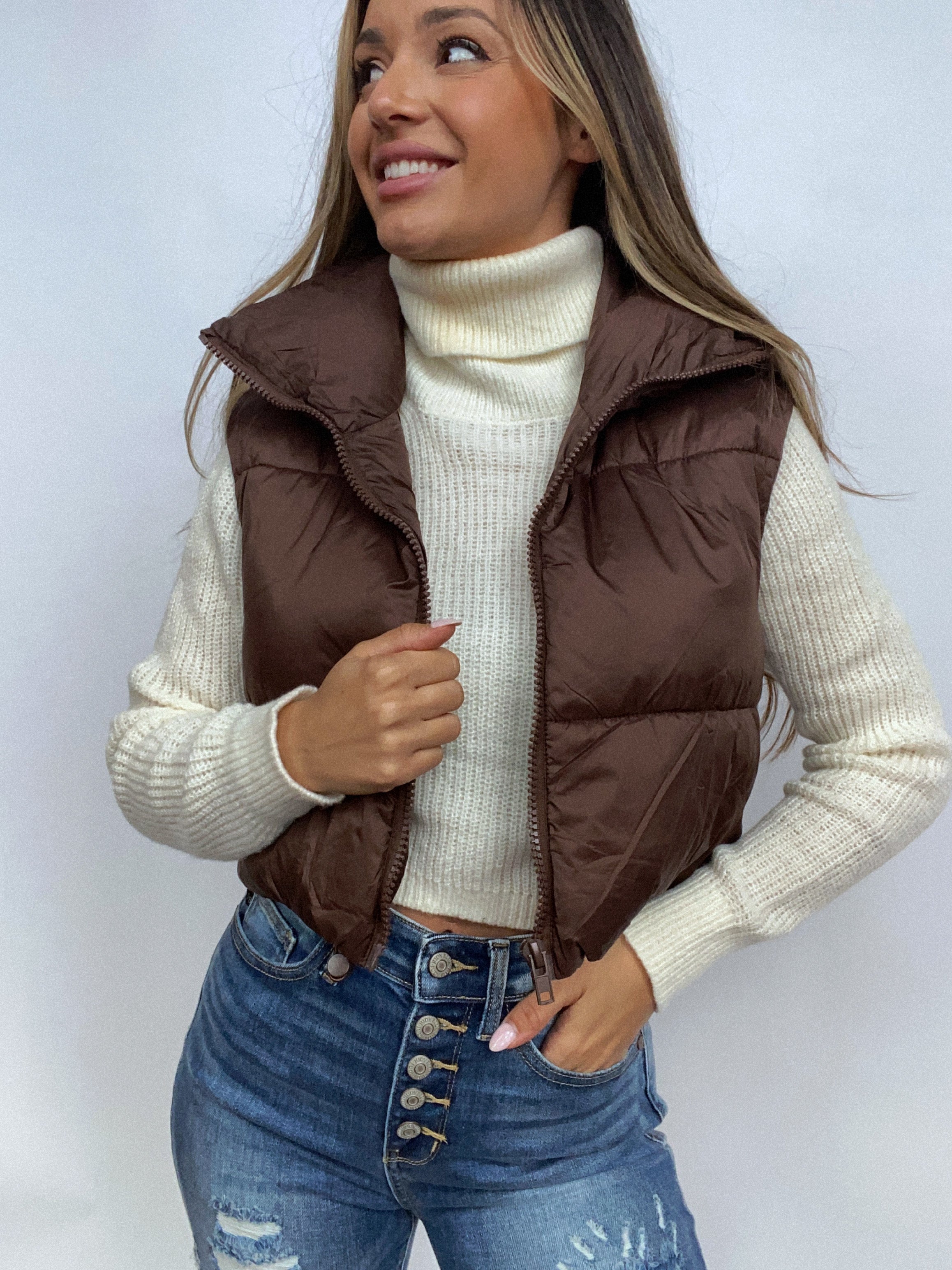 Brie Brown Cropped Puffer Vest