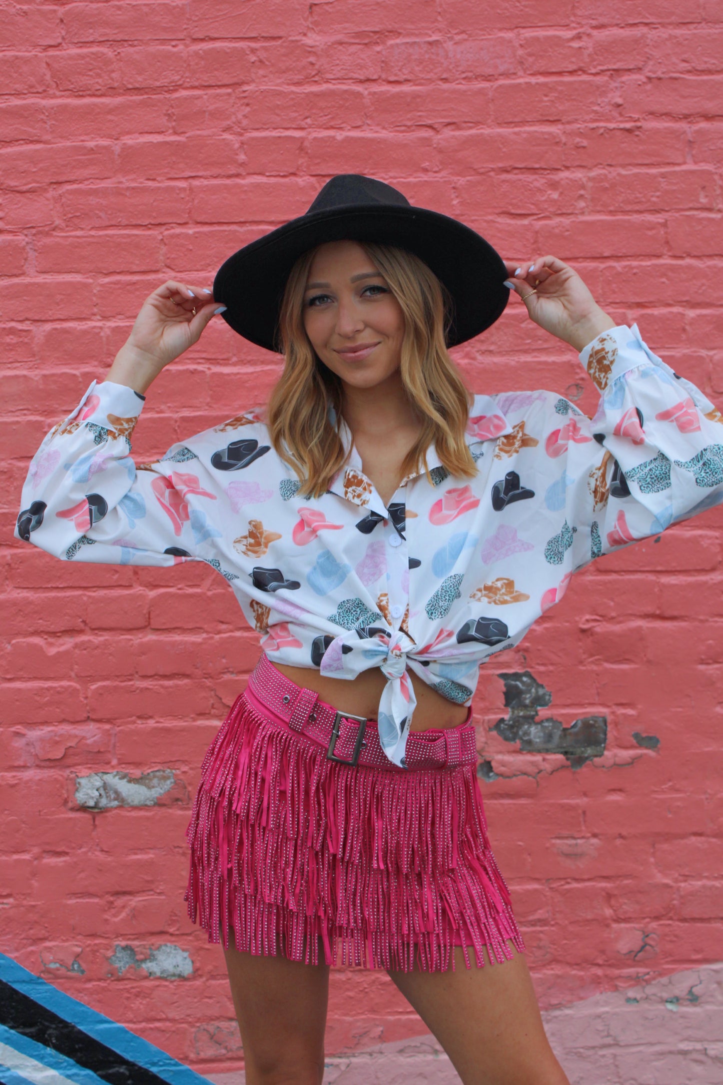 Nashville Babe Rhinestone Fringe Mini Skirt- Pink