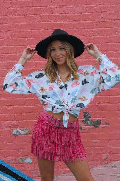 Nashville Babe Rhinestone Fringe Mini Skirt- Pink