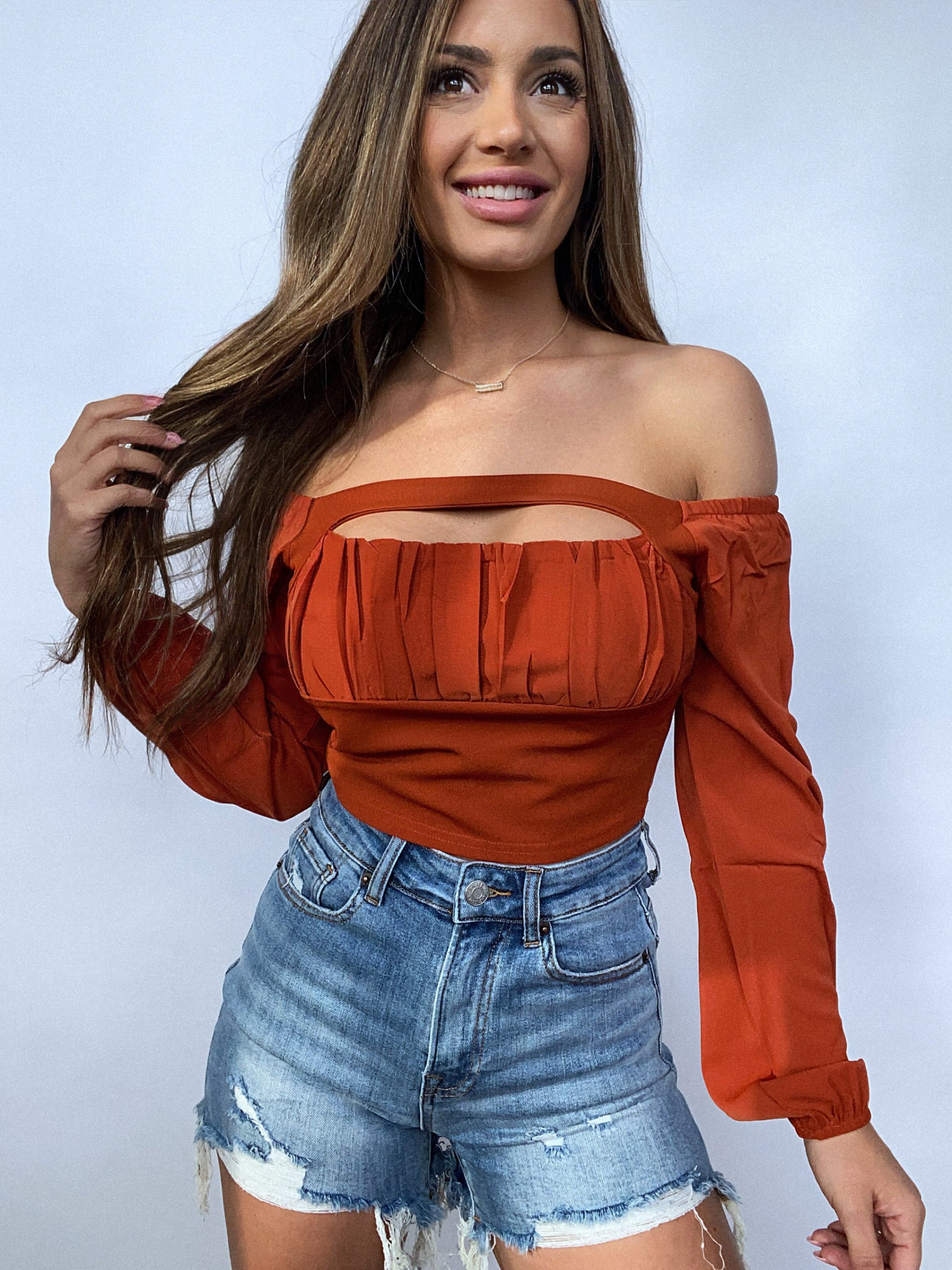 Night Out Long Sleeve Cutout Top- Rust