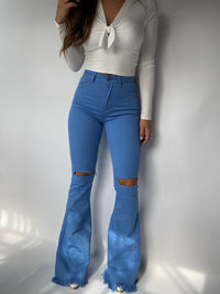 Farrah Distressed High Waisted Flares - Baby Blue