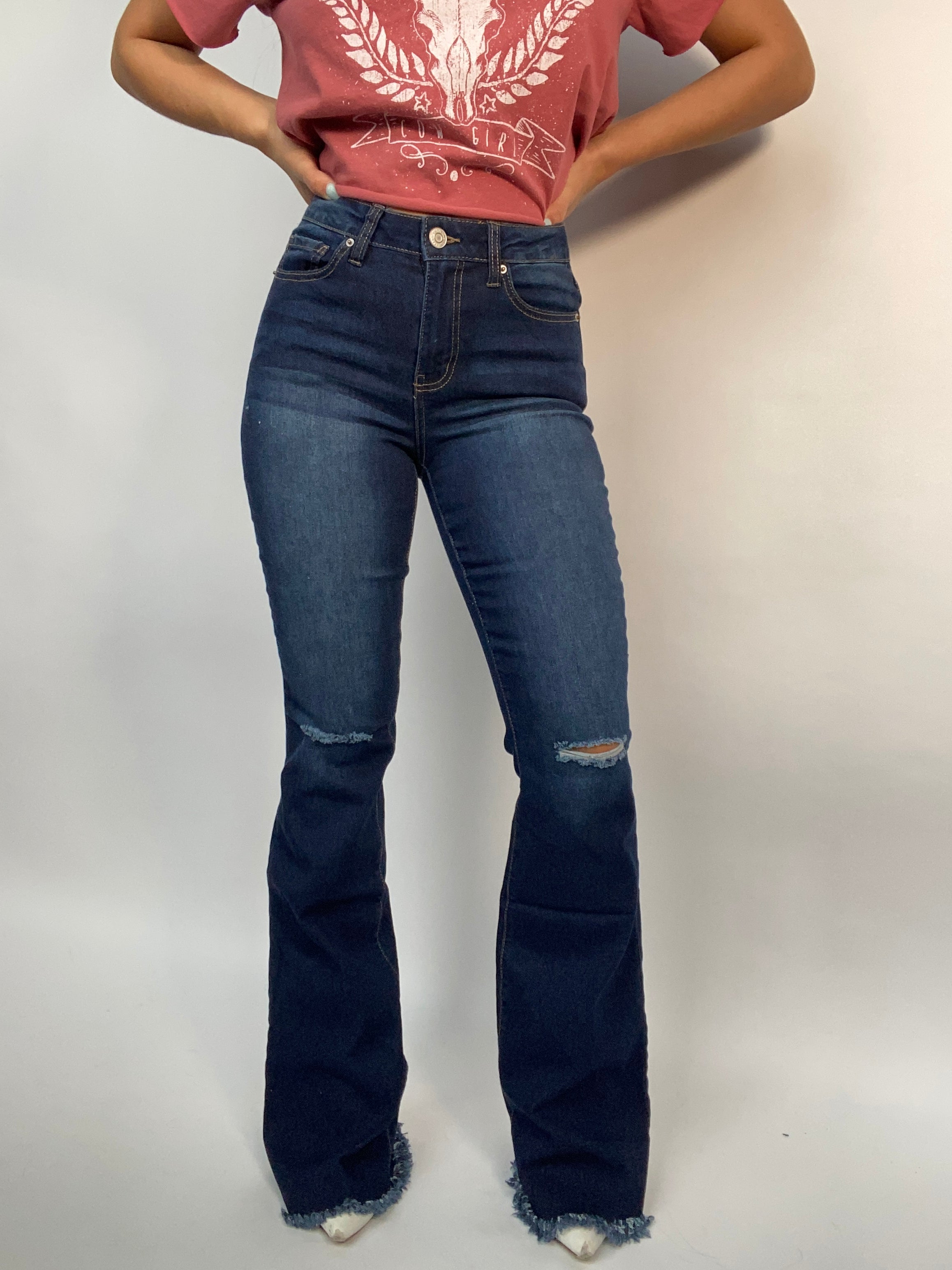Molly Distressed Dark Wash Flare Jeans- Long