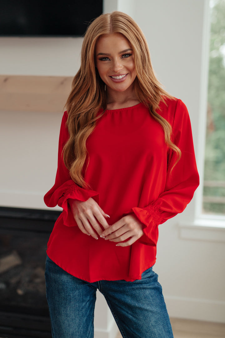 Peaceful Moments Smocked Sleeve Blouse in Red