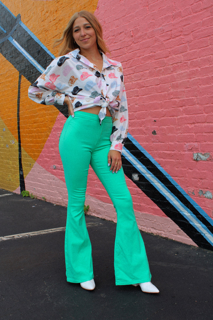 Fiona High Waisted Bell Bottom Flare Jeans - Mint