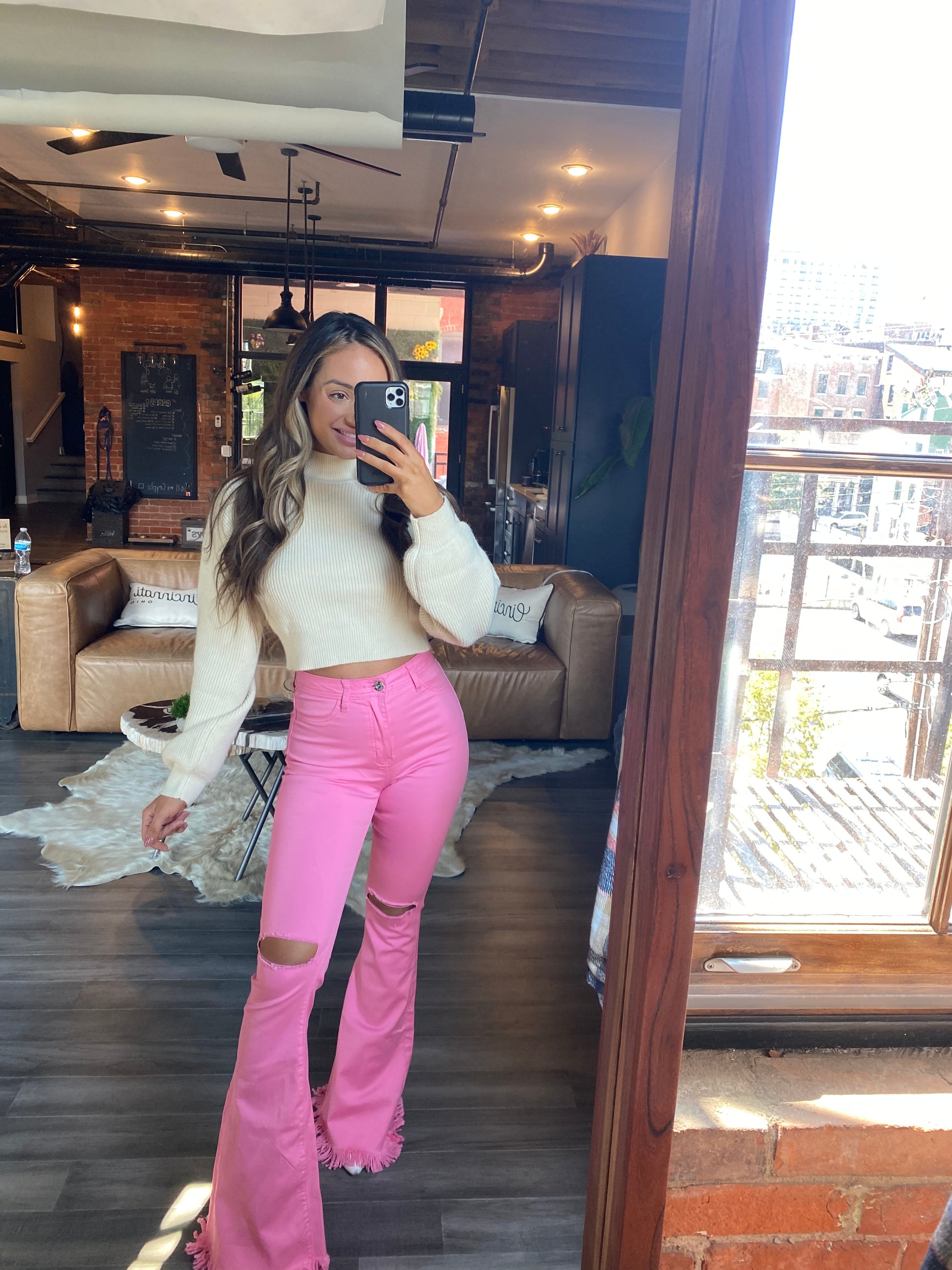 Buy our "Farrah Distressed High Waisted Flares- Pink" online – Willow Boutique Clothing. Shop stylish Farrah Distressed High Waisted Flares- Pink today.