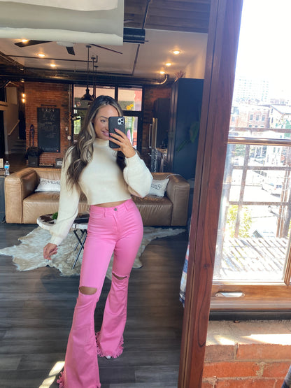 Buy our "Farrah Distressed High Waisted Flares- Pink" online – Willow Boutique Clothing. Shop stylish Farrah Distressed High Waisted Flares- Pink today.