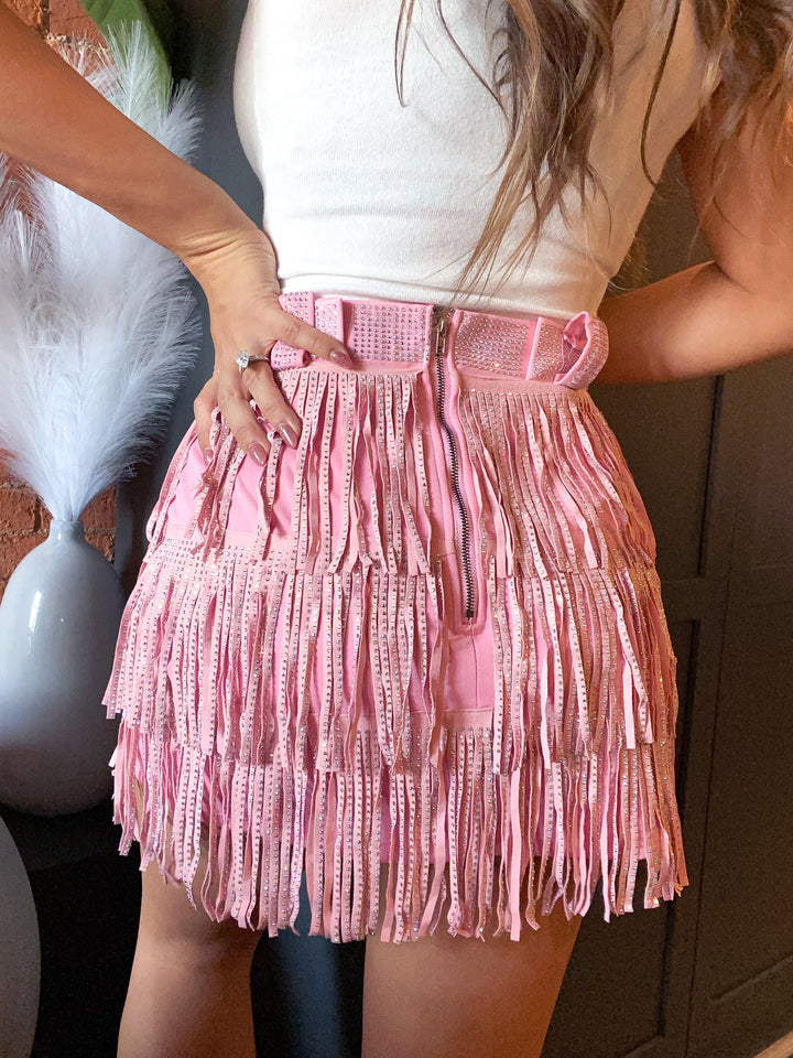 Nashville Babe Rhinestone Fringe Mini Skirt- Light Pink