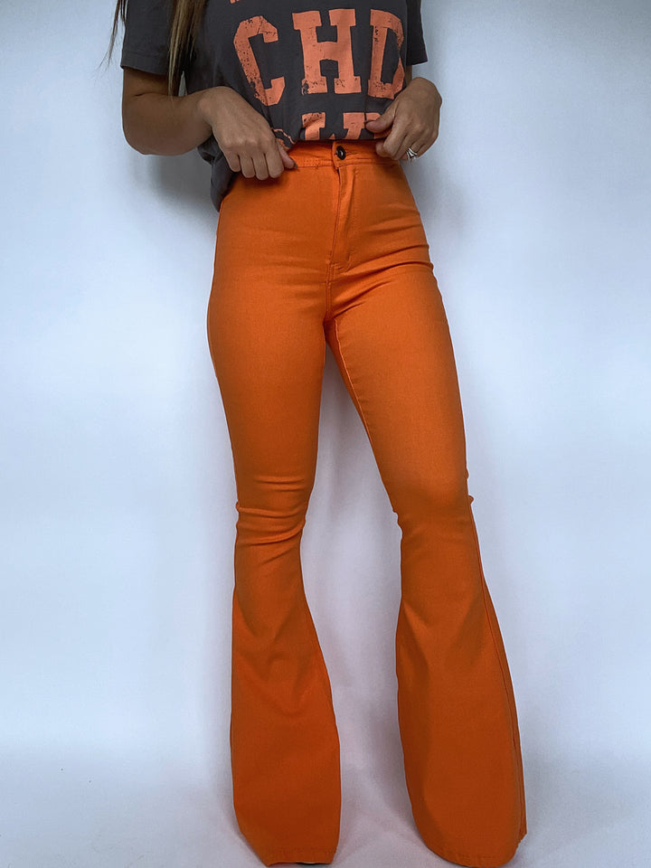 Fiona High Waisted Bell Bottom Flare Jeans - Orange