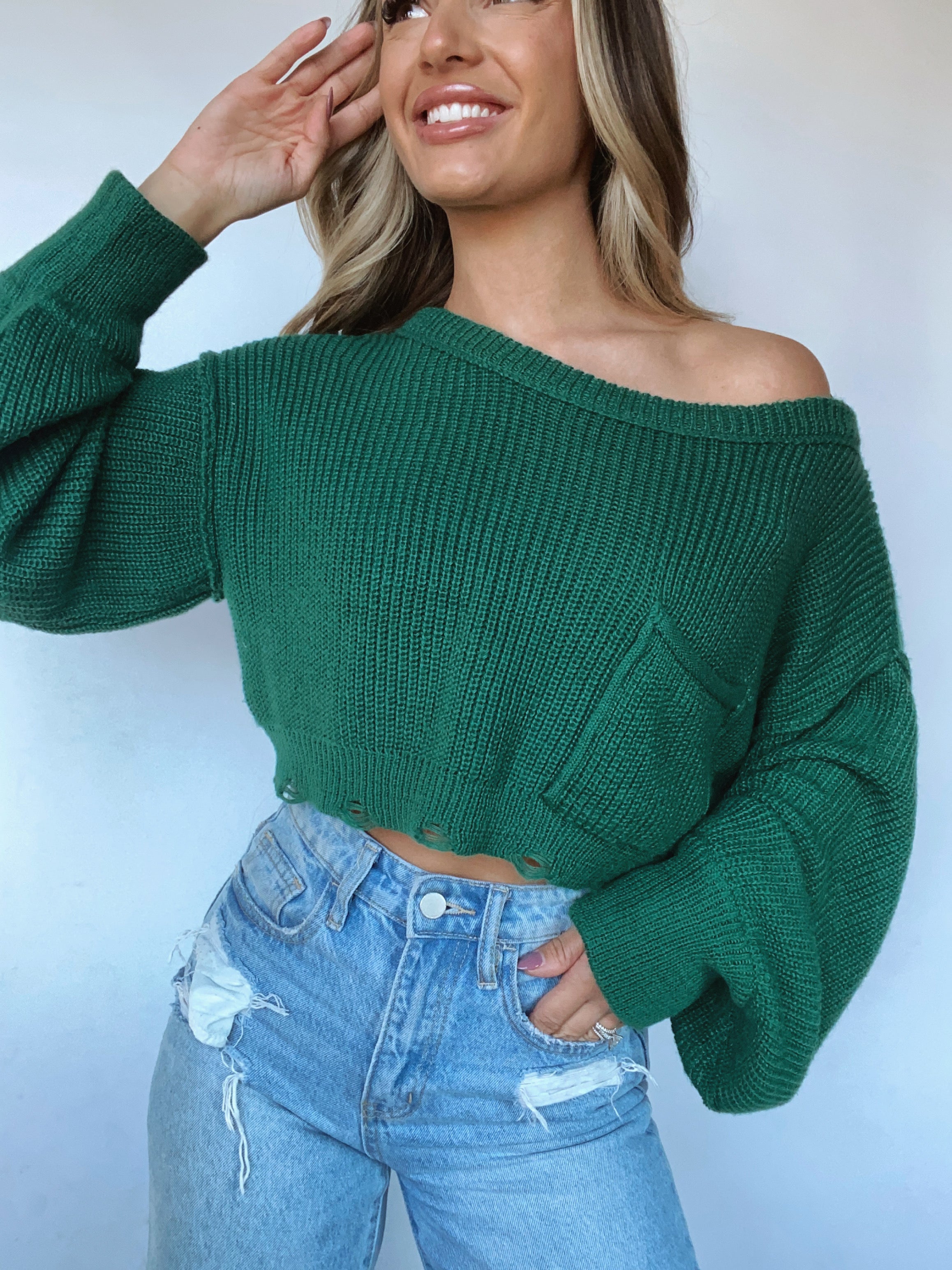Haley Distressed Cropped Sweater- Green
