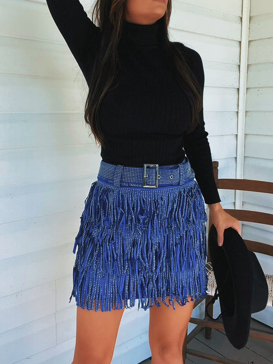 Nashville Babe Rhinestone Fringe Mini Skirt- Royal Blue