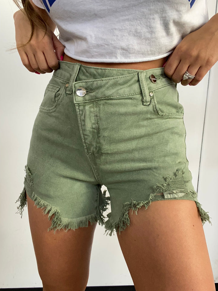 Lindsey Asymmetrical Distressed Shorts- Olive Green