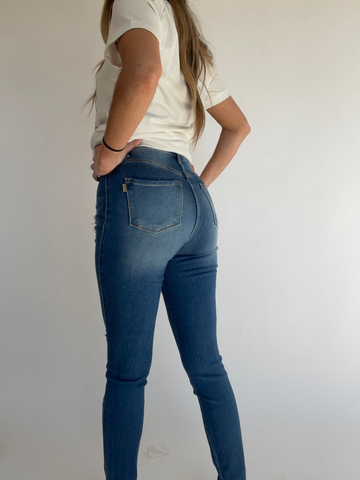 Madalyn High Rise Distressed Skinny Jeans- Medium Stone