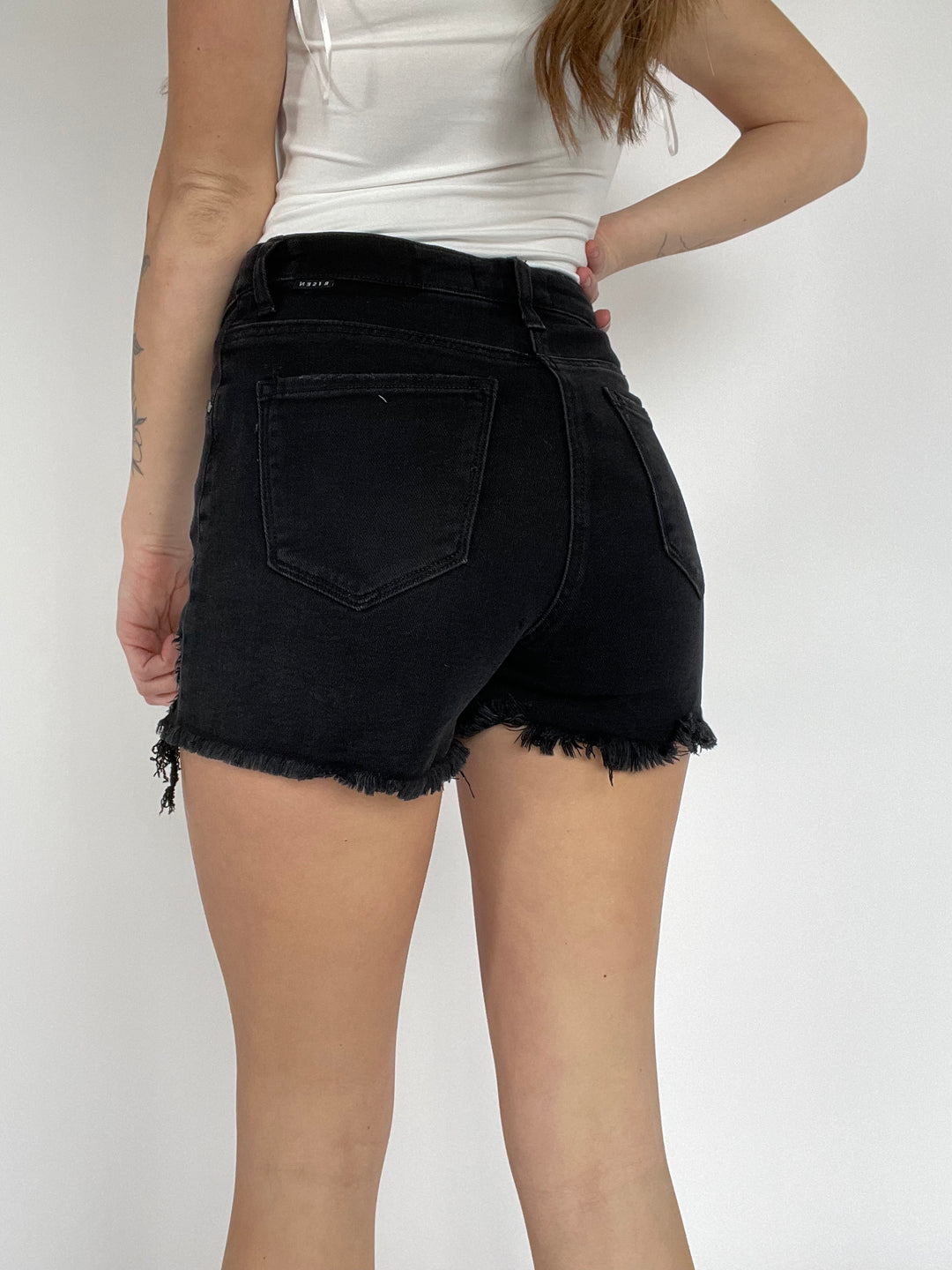 Fold Over Distressed Shorts- Black